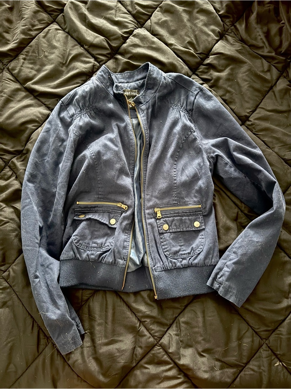 {WET SEAL} Navy Blue Bomber Jacket with Gold Hardware - Large